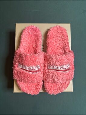 Balenciaga Pink Fuzzy Slide Slippers